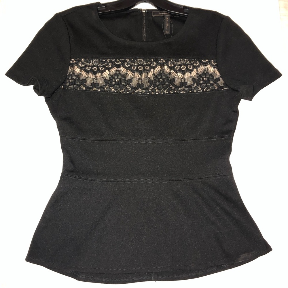 BCBG Short Sleeve Peplum Top Zip Back